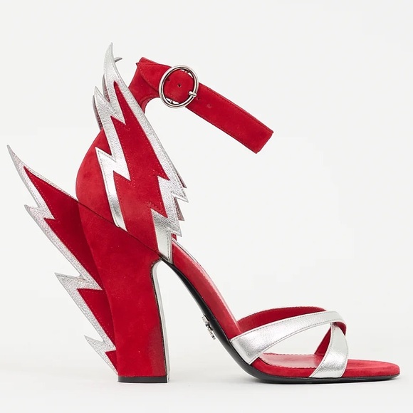 Prada Thunderbolt Red Silver Suede Leather Lightning Bolt Stiletto Heel Pumps - Picture 1 of 4